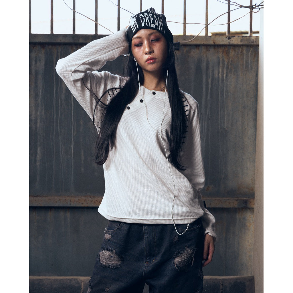 Mended Long-Sleeve Henley - 22WRLDWIDEE